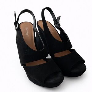 Nine West Black Suede Platform Heels Size 8 Peep Toe Slingback Sandals